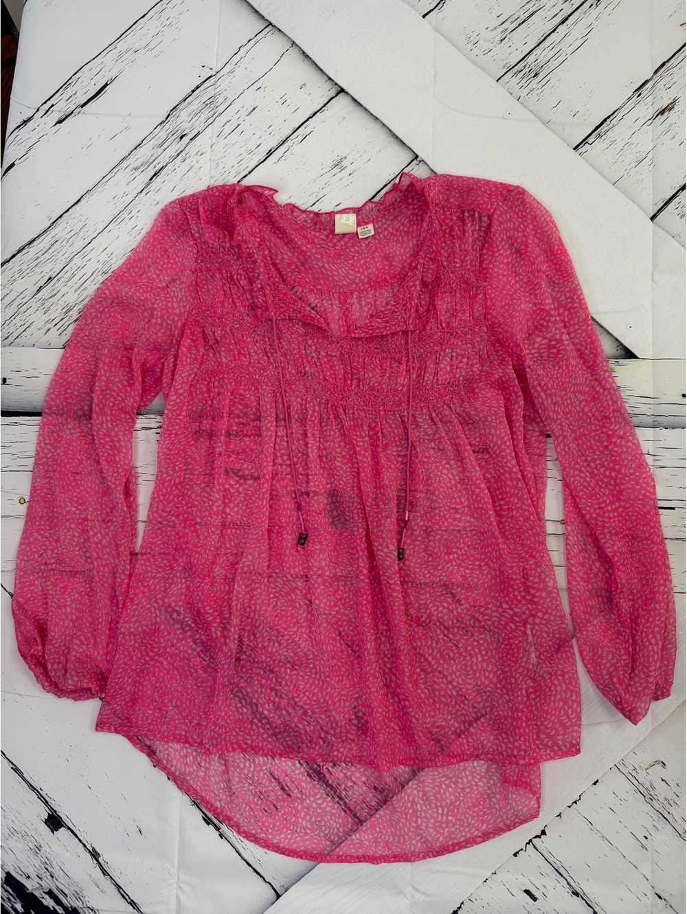 Boho Fairycore Pink Sheer Roxy Long Sleeve Peasant Blouse Women’s Large